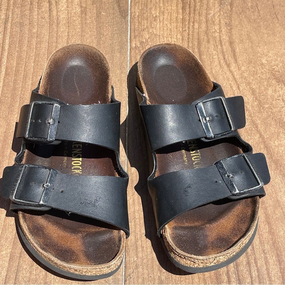 Birkenstock Arizona Unisex Sandals 38  (M5) (W7) Black Double Buckle Cork Heel